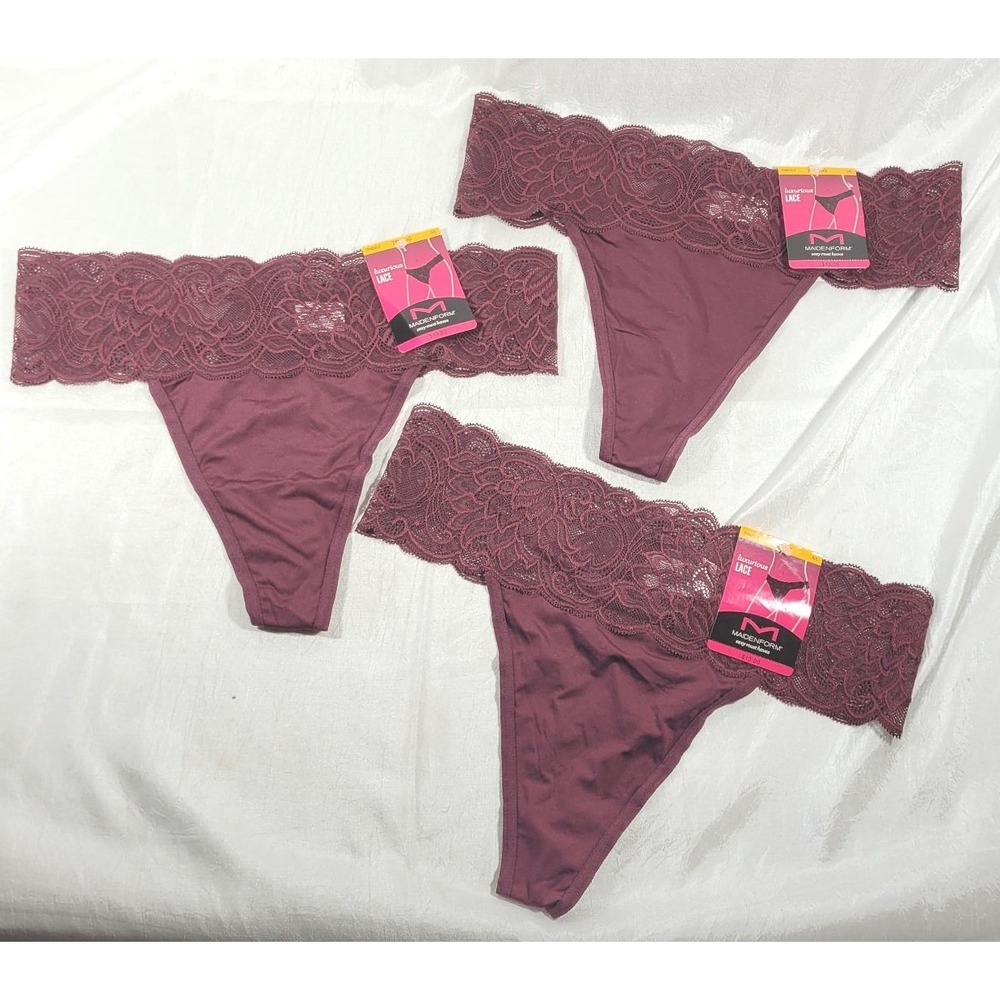 LOT: 3 Pairs Maidenform Luxurious Lace Thong Panties - Plum Wine - Sz S/5